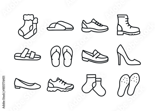Footwear Icon Set. Footwear. Line icon set of Footwear: fuzzy so