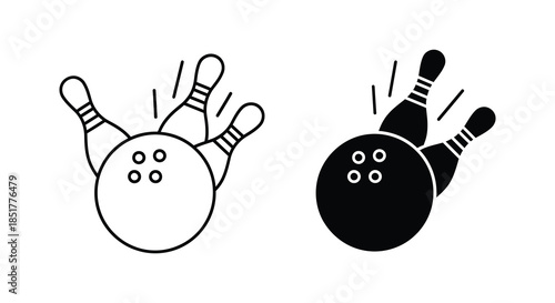 Bowling pins struck by a ball contrasting line art and solid black silhouette
