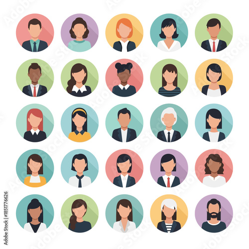 Flat vector illustration set of diverse faceless people avatars inside circular frames
