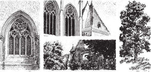 Gothic church window illustration with intricate stone details in black and white. Outdoor view featuring a tree in a vector set.