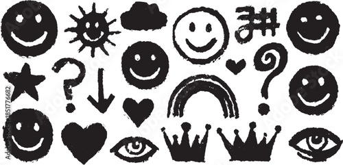Set of playful hand-drawn icons: smiley faces, hearts, crowns, eyes, and rainbows. Black vector illustration with unique doodle designs.