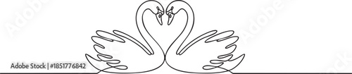 Continuous one line drawing of two swans forming a heart shape with their necks, minimalist romantic animal concept for Valentine’s Day, vector illustration