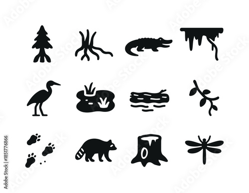 Swamp Icon Set. Swamp ecosystem. Solid icon set of swamp ecosyst