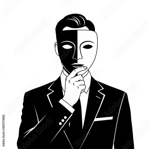 a man in a formal suit holding a theatrical mask near his face