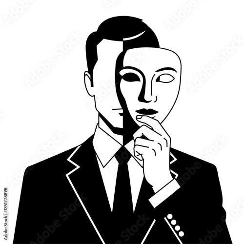 a man in a formal suit holding a theatrical mask near his face