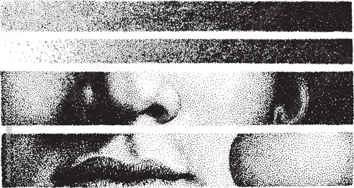 Face illustration with black and white stripes in a unique artistic style. Modern vector design featuring minimalist lines and textures.