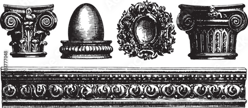 Classic column capitals in vintage style. Decorative set showcased in vector illustrations, highlighting intricate designs and architectural beauty.