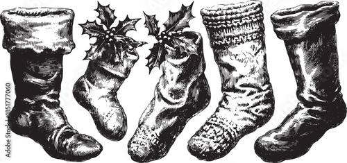 Set of vintage Christmas stockings in cozy knitted style. Features decorative details and holiday elements, with a vector illustration for visual appeal.
