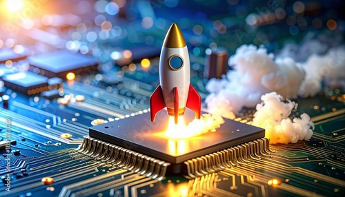 3D Rocket Taking Off from a Computer Microchip with Smoke and Fire - Concept for Tech Innovation, Startup Growth, and Digital Acceleration