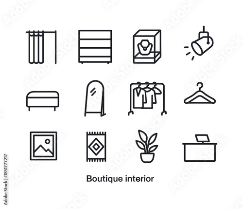 Boutique Icon Line Art. Boutique interior. Line icon set of bout