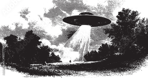 UFO emitting light in a vintage illustration style. Black and white set representing an unknown event vector image.