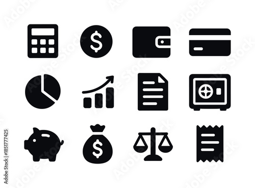 Financial Icons Grid. Financial management. Solid icon set of fi
