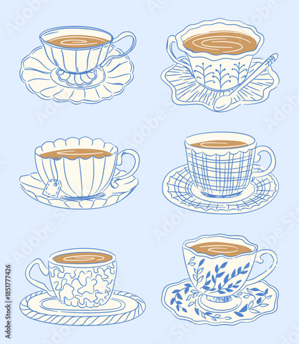 Hand Drawn Vintage Teacups and Saucers Blue Line Art Vector Set