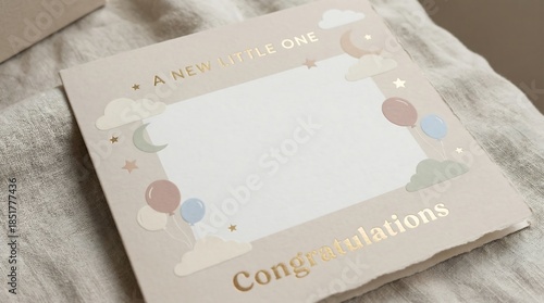 Elegant baby announcement card with gentle pastel clouds, moons, stars, and balloons, featuring refined golden foil typography for celebrating a new arrival and congratulations