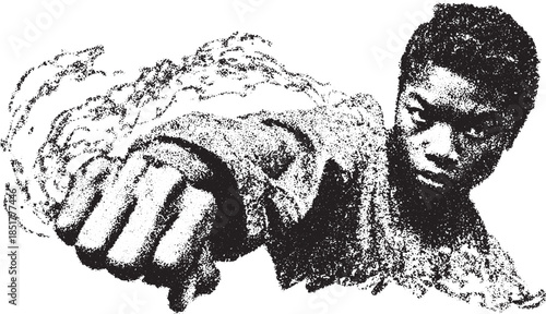 Dynamic illustration of a fist in action. Stylized energy with bold contours in a grayscale vector illustration.