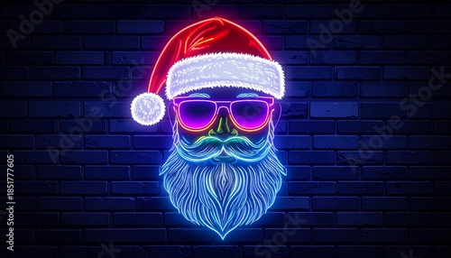 Vibrant Neon Santa Claus Face with Sunglasses and Blue Glowing Beard on a Dark Brick Wall Background - Modern Christmas Aesthetic