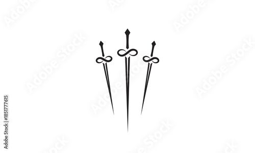A vector logo featuring an abstract image three swords arranged around an infinity symbol, representing power, unity, and eternal strength.