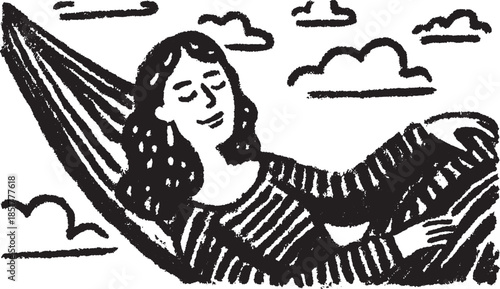 A girl relaxing in a hammock, smiling in a simple black and white drawing. Vector illustration with clouds in the background.