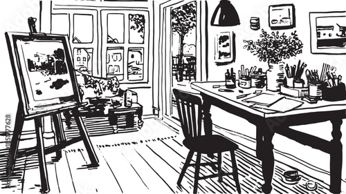 Art workspace featuring a desk and easel. Simple black and white vector illustration showcasing a cozy room filled with natural light and artistic tools.