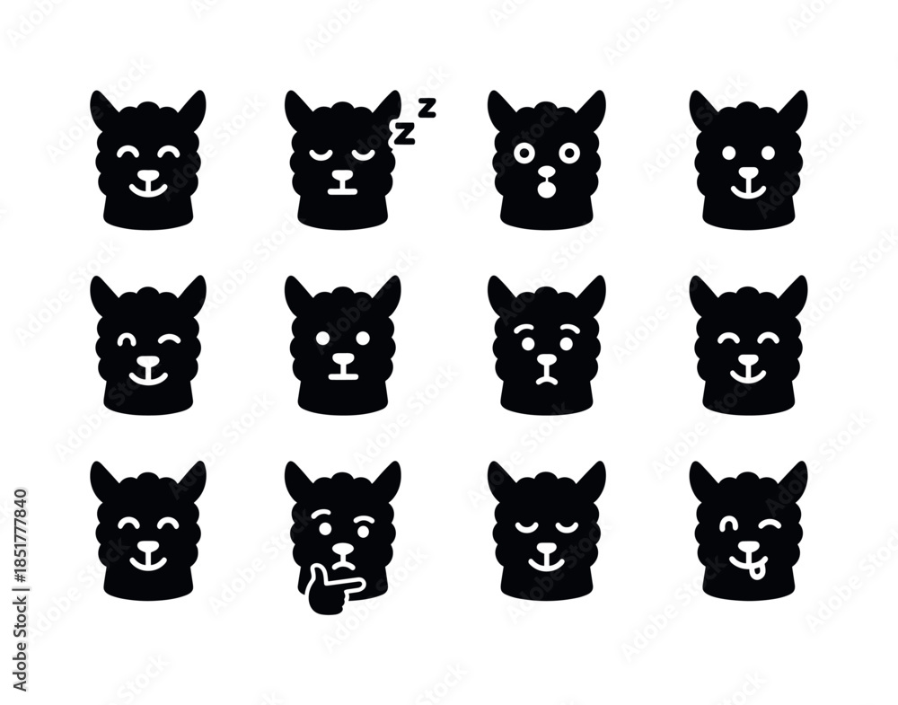 Obraz premium Alpaca Expressions Icons. Alpaca expressions. Solid icon set of