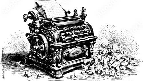Vintage typewriter with detailed mechanical design and scattered paper. Elegant vector illustration depicting writing equipment as a set.