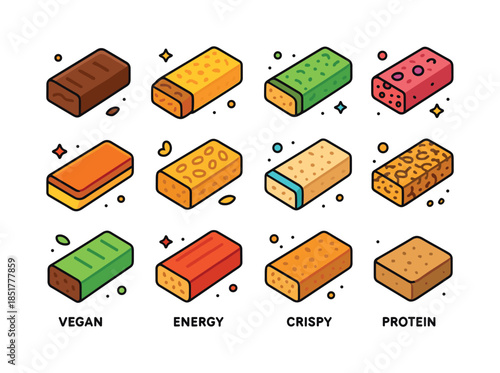 Colorful Protein Bars Icons. Protein bars. Colorful isometric ve