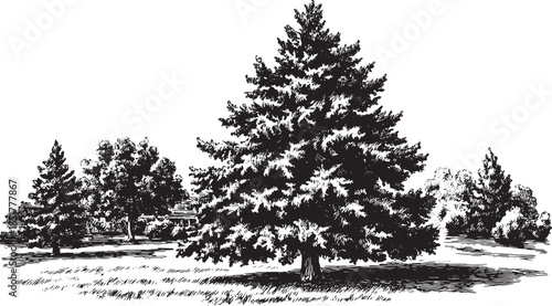 Tree in a natural outdoor landscape. Black silhouette vector illustration depicting detail and shape in a simple style.