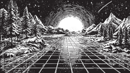 Mountain landscape with trees under a starry sky. Black and white vector illustration featuring a geometric pattern across the water.