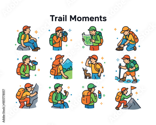 Trail Adventure Icons. Trail moments. Colorful isometric vector