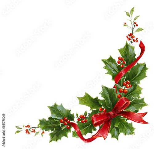 Festive Christmas corner border design featuring watercolor holly leaves and vibrant red berries with a bow on a   isolated on transparent background