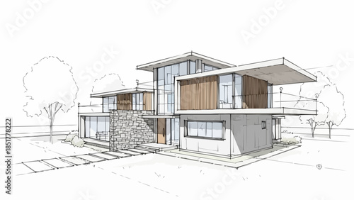 Modern Architectural Sketch of a Luxury Two-Story House with Balconies and Large Windows.