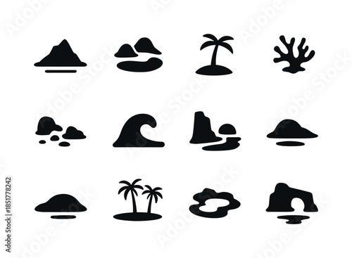 Island Icon Set. island landscapes. Solid icon set of island lan