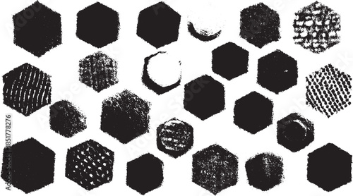 Hexagon patterns in black and white. Abstract graphic design set showcasing various shapes and textures, perfect for vector illustration.