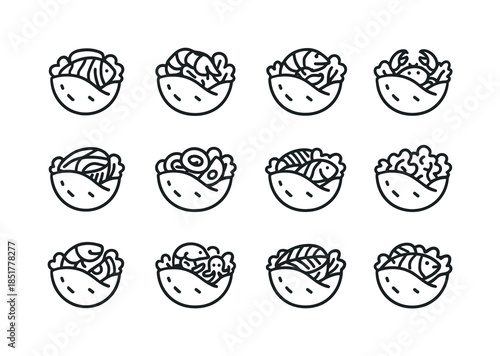 Seafood Pita Icons. Seafood Pitas. Line icon set of Seafood Pita