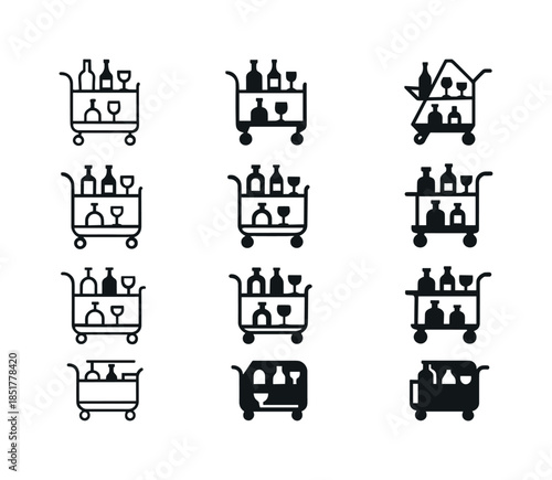 Stylish Bar Cart Icons. A stylish bar cart with liquor and glass