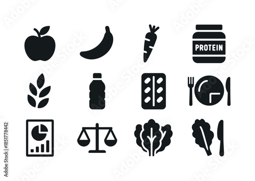 Nutritional Icons Grid. Nutrition. Solid icon set of Nutrition: