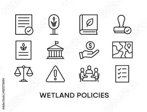 Wetland Policy Icons. Wetland policies. Line icon set of wetland