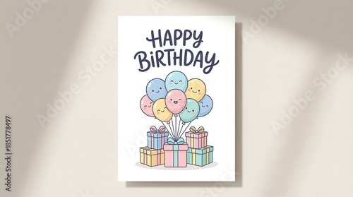 Cheerful 'Happy Birthday' greeting card design, featuring adorable cartoon balloons and colorful gift boxes, perfect for sending warm wishes and celebrating joyous moments