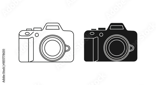 Two vintage camera designs in contrasting styles one outlined and one solid silhouette
