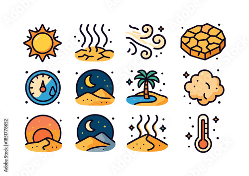 Colorful Desert Icons. Desert climate. Colorful isometric vector