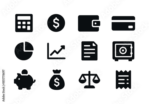 Financial Icons Grid. Financial management. Solid icon set of fi
