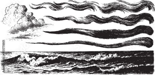 Ink brush stroke set with black and white waves, clouds, and textures. Vector illustration featuring smooth lines and artistic styles.
