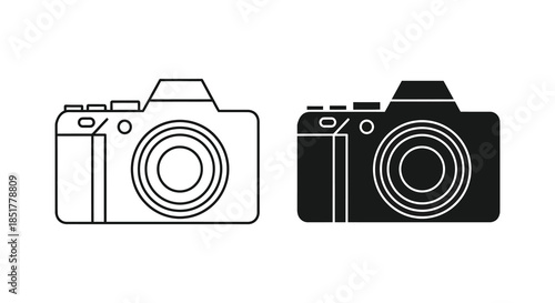 Two vintage camera outlines one in linear style and one as a dark silhouette