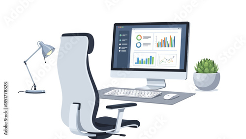 Pixel art office setup with computer chair lamp and succulent plant