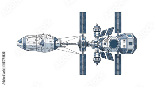 Pixel art of a white spacecraft docked with a modular space station