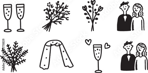 Wedding celebration set. Simple black and white vector illustration featuring a couple, toast, bouquet, scarf, and champagne elements.