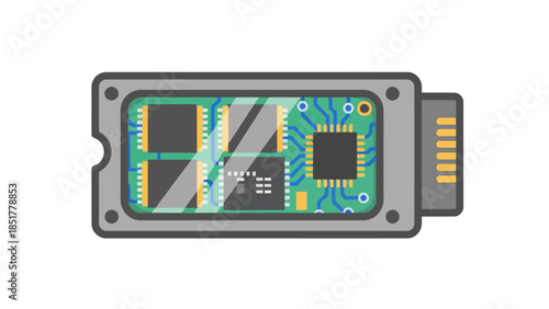 Pixel art representation of a flash memory module internal circuit board