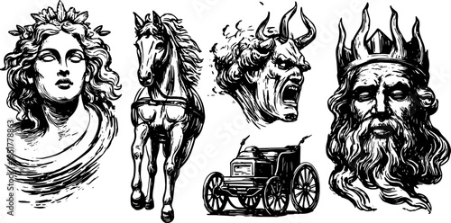 Goddess and horse illustration in black and white, showcasing classical art. Vintage vector set featuring detailed mythology characters.