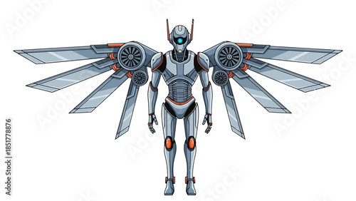 Pixel art robot with large gray articulated mechanical wings featuring central fans
