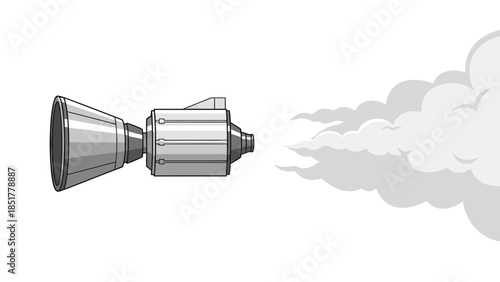 Pixel art rocket engine firing emitting gray exhaust cloud to the right